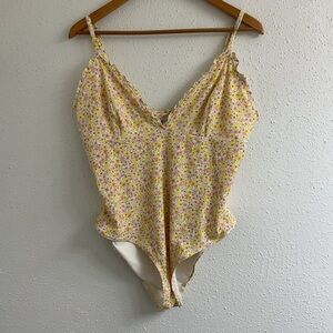 H&M Yellow Pink Floral Ribbed Ruffle Adjustable One Piece Swimsuit Womens XL